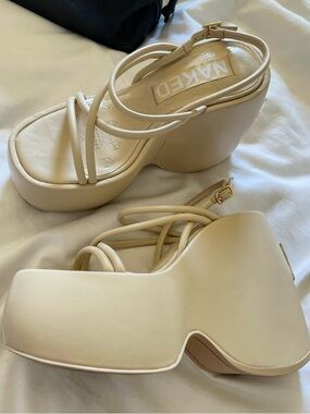 Naked Wolfe Cream Strappy Platform Wedge Sandals